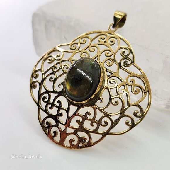High Fire Labradorite Gold Toned Ethnic Handmade Filigree Pendant Jewelry 2.27" - Picture 5 of 5